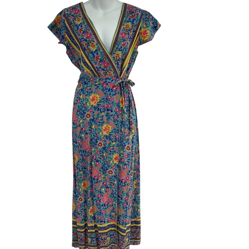 Floral Wrap Long Dress in size Small Blue Pink Yellow, Maxi Dress